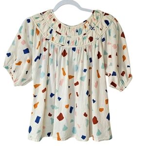 THML Confetti Print Puff Sleeve Top Womens M Cream/multicolor